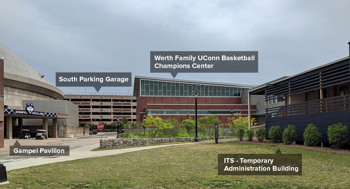 Image of UConn campus showing Gampel Pavilion, Werth Family Basketball Center, South Parking Garage, and ITS building, labeled for clarity.